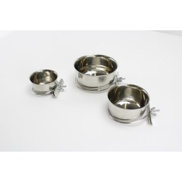 Stainless steel feed/drink cup with nut clamp